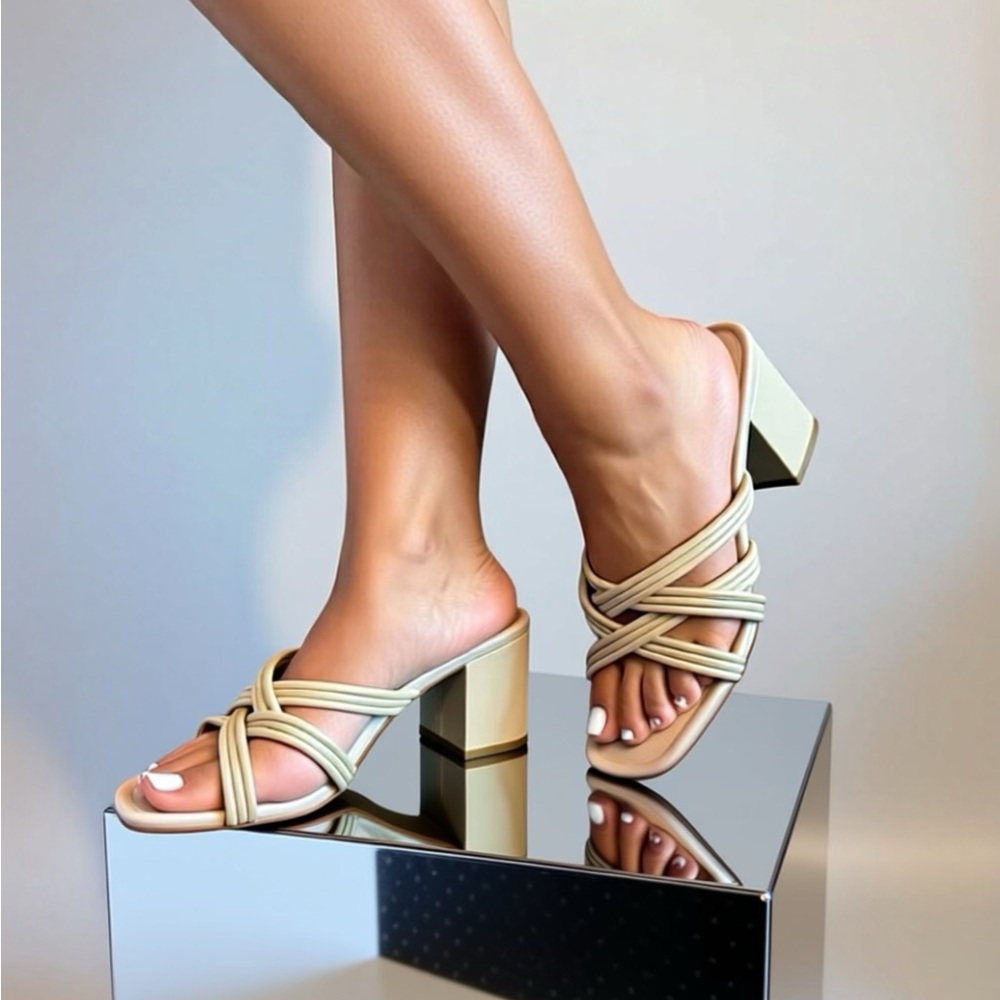 Calvin Klein Cream Knotted Strap Block Heel Mules